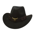 Detail of western cowboy hat with leather band and vintage golden bull head emblem - One Size / Black (Golden Bull)