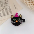 Halloween black cat hair clip with pink sequin witch hat and green glitter eyes - Black Cat Pink Pointed Hat Hair Clip