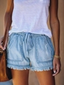 Detail of light blue denim shorts with elastic drawstring waist and frayed hem edge - XS / Light Blue