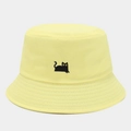 Close-up of cute black cat embroidery on yellow cotton bucket hat with fine stitching - M (56-58cm) / Yellow