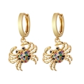 Detail of gold crab earrings featuring colorful pavé crystals and polished hoop design - Style 24 (Colorful Crab)