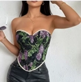 Detail of vintage floral corset top featuring retro jacquard fabric and lace trim - S / Purple