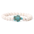 White marble bead turtle bracelet with a turquoise-colored charm and elastic band - Howlite