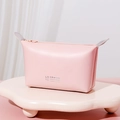 Pink PU leather makeup bag with gold LO VE text on a decorative cloud stand - Dumpling Bag / Pink