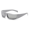 Y2K futuristic silver grey wraparound sunglasses with a punk aesthetic on white background - Silver Frame Silver Mirror Lens