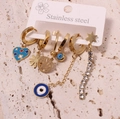 Golden stainless steel earring set with blue evil eye, heart and tree of life charms - Style 8