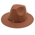 Close-up of brown fedora hat with braided band, green beads and vintage metal accents - M(56-58cm) / Khaki