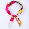 Vibrant skinny silk scarf with magenta and yellow chain prints and blue polka dots - X21-Multi