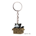 3D cartoon black and white striped kitten in a brown cardboard box keychain charm - Keychain / Box Black Cat