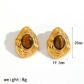 Detailed view of irregular gold earrings with tiger eye stone, 25mm height by 19.5mm width - Gold Vintage Tiger Eye Style (TE60498-TG)