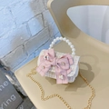 Elegant beige tweed crossbody bag for girls with a large pink ribbon bow and pearl handle - Bow Off White