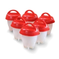 Set of 6 silicone egg cookers with red lids and translucent bodies on white background - 6 Pieces/Pack (OPP Bag) / Red