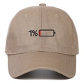Macro view of detailed 1% battery embroidery on khaki cotton baseball dad cap - Adjustable / Khaki