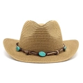 Detail van strooien cowboyhoed met turquoise kralen en gevlochten etnische trim - M (56-58cm) / Khaki