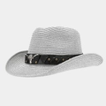 Silver-gray woven western cowboy hat featuring a leather band with metal bull skull emblem - One Size / Silver