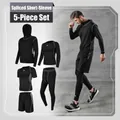 Men's 5-piece black sports set with jacket, compression shirts, shorts, and leggings - S / Top And Bottom (Slim Patchwork) / Gray