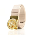 Men's khaki woven canvas belt with a rotating gold automatic buckle and white crystals - Gold F151 Round Rhinestone Cross (Beige)