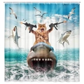 Rideau de douche drôle en polyester avec chat chevauchant un requin et impression numérique - Chat sur un Requin M1765 / 90*180cm