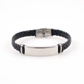 Bracelet pour homme en cuir tressé noir avec une plaque en acier inoxydable argenté poli - Noir