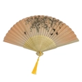 Japanese style bamboo folding fan with pink floral pattern and a yellow tassel - White Ribs Style 73