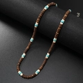 Men's retro coconut shell necklace with blue turquoise beads for surfing and vacation - Brown Coconut Shell with Cream Beads and Turquoise