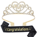 Abschluss-Set mit goldener Glitzer-Schärpe und Strass-Krone für die große Abschlussfeier - Schwarz Gold Set (Satin)