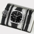 Close-up of men's black chronograph watch set with assorted leather and beaded bracelets - Silver Black Watch + 4-Piece Bracelet Set 657-5