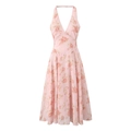 Pink floral halter midi dress with deep V-neck and open back design for women - S / Pink