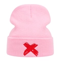 Pink knitted beanie hat featuring a red X embroidery with a unique bandage texture - One Size / Pink
