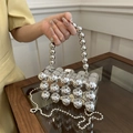 Chic silver acrylic spherical clutch bag with bead handle and chain strap for evening events - Beaded Handle / Large Silver