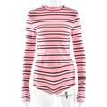 Detail of pink striped long-sleeve top and shorts set on mannequin with clean finish - S / Pink