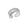 Silver multilayer open ring featuring crossed bands with sparkling zircon accents - Adjustable Open / Silver Multi-layer Cross Style (P3014461)
