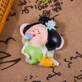 Cartoon ancient style figurine in green and white hanfu holding a blue tea cup - Green Skirt Green Flower Fridge Magnet