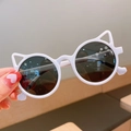 Kids cute cat ear sunglasses with white plastic frames and dark grey round lenses - White