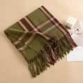Elegant green plaid cashmere scarf with soft fringe and red accents on beige background - Green