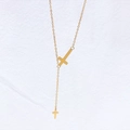 Elegante collana a Y con doppia croce dorata in acciaio inossidabile lucido da donna - Stile a Doppia Croce a Forma di Y