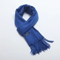 Solid navy blue cashmere-feel scarf with elegant fringes and material label details - Sapphire Blue