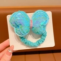 Handmade sequined butterfly hair tie with blue shimmering wings and pink glitter center - Blue Sequin Bow (Hair Tie)