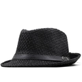 Detail of a black woven fedora hat featuring a stylish leather band and metal buckle - M(56-58cm) / Black
