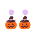 Ακρυλικά σκουλαρίκια κολοκύθας Halloween με μαύρα καπέλα μάγισσας και μοβ καρφιά - Μαύρη Γάτα Κολοκύθα