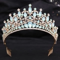 Detailed close-up of golden bridal tiara with light blue opals and crystal rhinestones - H1345 KC Gold + Green Opal