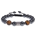 Detail of 10mm obsidian and tiger eye bead bracelet with silver rhinestone accent and cord - 10mm Hematite Braided Bracelet