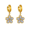 Elegant gold hoop earrings featuring iridescent five-petal flower charms with pearls - Golden Five Petal Flower Stud Earrings (G206)