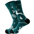 Calze natalizie verde scuro con motivi di renne bianche e fiocchi di neve su bianco - Taglia 38-45 / Alce Fiocco di Neve Verde