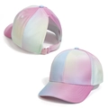 Detail view of gradient ponytail baseball cap with adjustable strap and large opening - S Size (52-54CM) / Rainbow Gradient