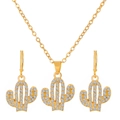 Golden cactus jewelry set featuring sparkling rhinestone necklace and leverback earrings - Gold Cactus Style (10968)