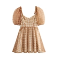 Elegantes aprikosenfarbenes Puffärmel-Minikleid mit 3D-Rosenstruktur und Punkten - XS / Orange
