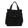 Solid black corduroy tote bag with front pocket and adjustable strap on white background - Black