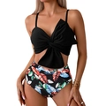 Bikini-Set mit schwarzem Schleifen-Top und tropischem Blätterprint-Höschen mit hohem Bund - S / Blaue Blätter
