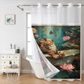Waterproof shower curtain with a lion in a bathtub surrounded by pink lotus flowers - SYL-3 (Lion Bathing) / 181x188cm Single Curtain